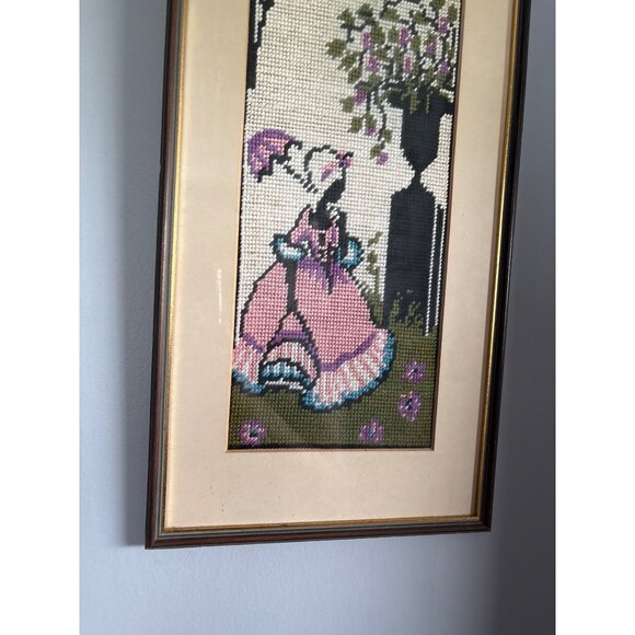 Vintage Framed Needlepoint Art of Victorian Lady 9.5" x 20" 1950s - Picture 2 of 10